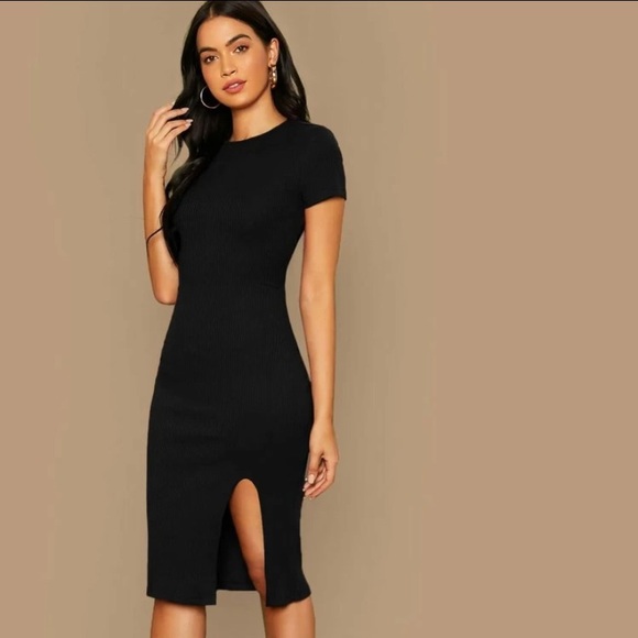 Rib-knit Slit Hen Bodycon Dress Black - Picture 3 of 8